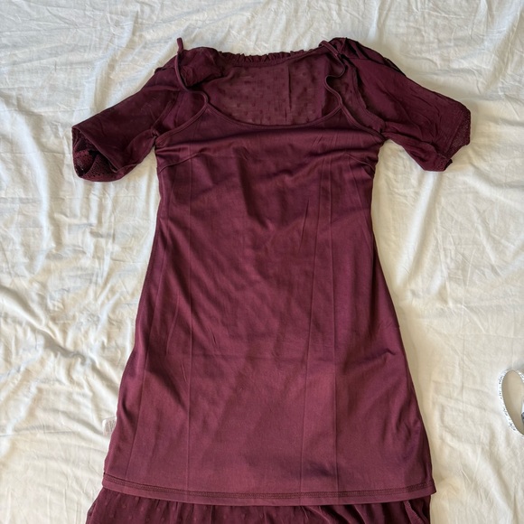 Lulus Wine Red Swiss Dot Crochet Lace Tiered Midi Dress M NWT Wedding Guest - Picture 3 of 13